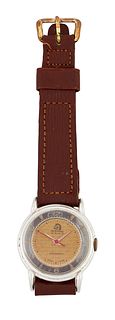 A GENT'S STEEL MUSTANG STRAP WATCH,?circular gilt dial with