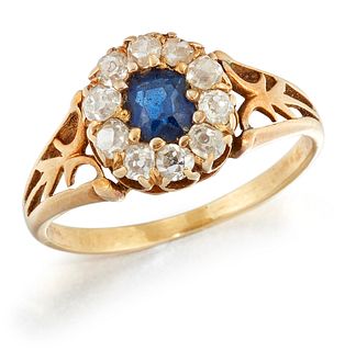 A 19TH CENTURY SAPPHIRE AND DIAMOND CLUSTER RING, an oval-c