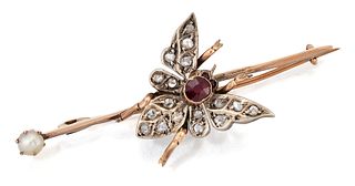 A VICTORIAN RUBY AND DIAMOND INSECT BROOCH, with an oval-cu