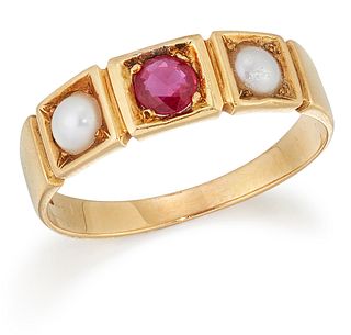 A RUBY AND SPLIT PEARL RING, a round-cut ruby in a square s
