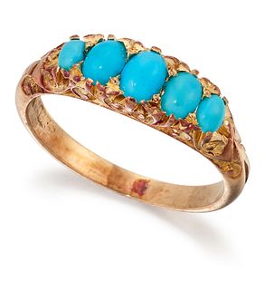 A TURQUOISE FIVE-STONE RING, oval cabochon turquoise in cla