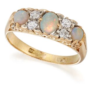 A VICTORIAN OPAL AND DIAMOND RING, an oval opal in a claw s