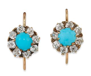 A PAIR OF LATE NINETEENTH TURQUOISE AND DIAMOND CLUSTER EAR