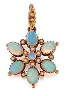 AN OPAL AND SEED PEARL PENDANT, a round opal within a borde
