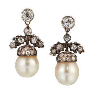 A PAIR OF LATE 19TH CENTURY NATURAL SALTWATER PEARL AND DIA