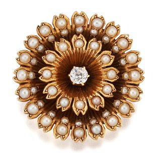 A LATE 19TH CENTURY DIAMOND AND SEED PEARL FLOWER BROOCH, a