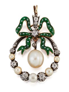 A NATURAL SALTWATER PEARL, DIAMOND AND ENAMEL PENDANT, a gr
