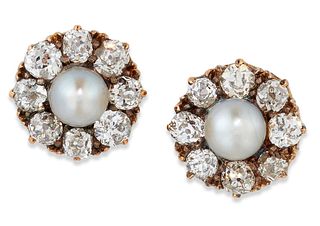A PAIR OF DIAMOND AND BUTTON PEARL CLUSTER STUD EARRINGS, e
