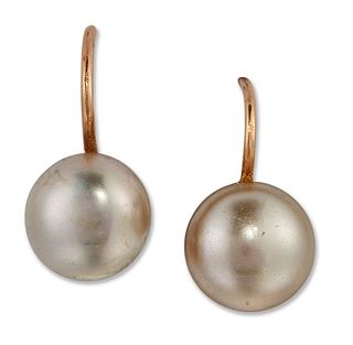 A PAIR OF CULTURED PEARL EARRINGS, button pearls with lever