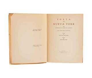 García Lorca, Federico. Poeta en Nueva York. México: Editorial Séneca, 1940. Primera edición. 4 láminas, "dibujos originales de Lorca".