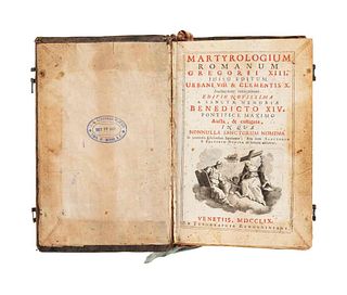 Baronio, César. Martyrologium Romanum. Venetiis: Typographia Remondiniana, 1759. Portada con grabado.