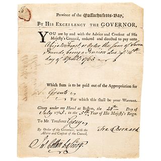 1765 SIR FRANCIS BERNARD, Royal Governor Signed Pension Payment Warrant