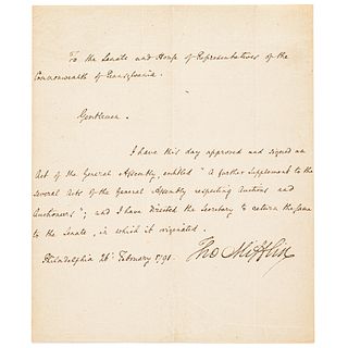1791 THOMAS MIFFLIN as PA. Governor Manuscript Document Signed