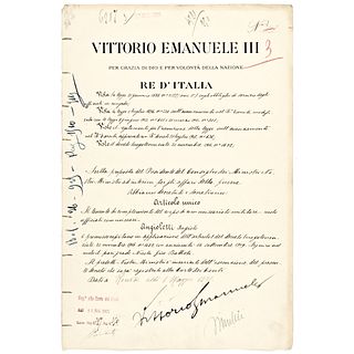 BENITO MUSSOLINI + VICTOR EMANUEL III Mutually Signed Official Document 