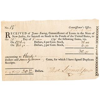 1796 THOMAS SINNICKSON  New Jersey United States Loan Interest Form Signed