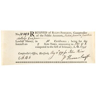 1791 Interest Receipt for GENERAL HEMAN SWIFT, a hero of the American Revolutionary War.