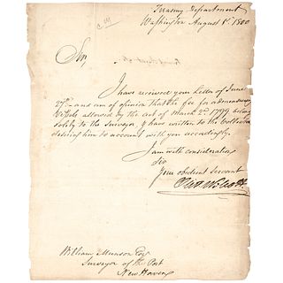 1800 OLIVER WOLCOTT Secretary of the Treasury Autograph Letter Signed 