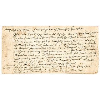 1700 Colonial Manuscript Document Summons for Jury Duty members, Swansea, Mass