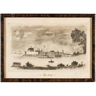 c. 1800s Pencil Sketch Drawing titled, Fort Niagara, with Known Artist, Framed