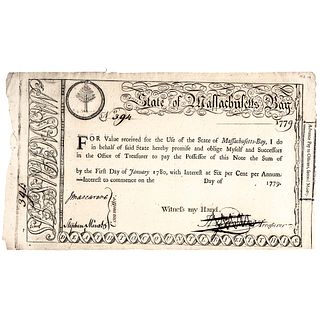 1779 Very Rare Complete Unissued State of Massachusetts Bay Treasury Bond MA-19