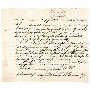 1778-Dated SALARY FOR DELEGATES TO THE CONTINENTAL CONGRESS Manuscript Document
