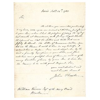 1780 Revolutionary War Letter, John Adams Personal Secretary to William Vernon