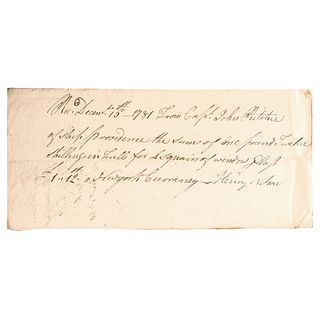 1781 Revolutionary War Capt Ritchies Ship Window Glass Receipt New York Currency