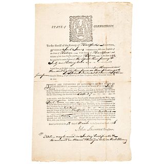 1786 Rare Connecticut Treasurers Tax Warrant to Arrest the Constable of Hebron
