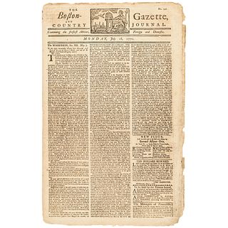 July 1770 Paul Revere Masthead Boston Gazette Newspaper and Boston Massacre News