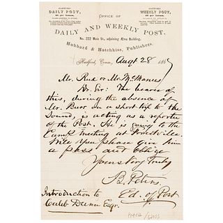 1861 Civil War Conn. Newspaper REPORTERS PASS Request, Autograph Letter Signed