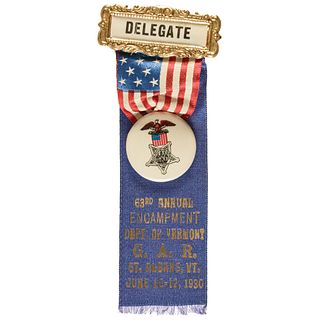 1930 G.A.R 63rd Annual Encampment Delegate Ribbon, Department of Vermont