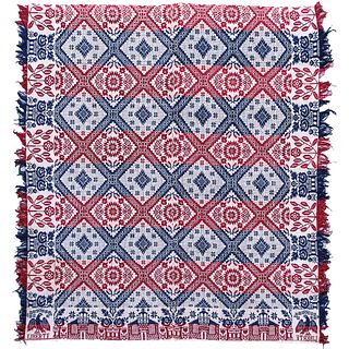 c 1850 Patriotic Jacquard Coverlet with LIBERTY + American Federal Eagle Designs