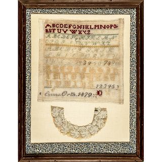 1879-Dated Hand-Wrought Needlework Sampler by Emma Orth Display Framed