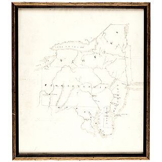 19th Century Hand-Drawn Regional Map of NY, PA, MD, NJ and DE Framed