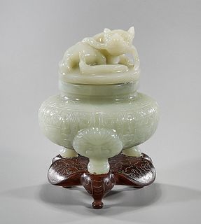 Chinese Carved Jade Covered Tripod Censer