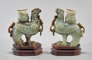 Pair Chinese Carved Jade Candlesticks