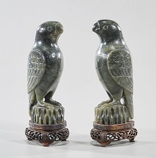 Pair Chinese Hardstone Parrots