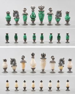 Set of 16 Malachite and Stone Chess Pieces