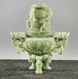 Chinese Green Hardstone Tripod Censer