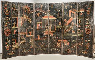 Vintage Chinese Painted Leather Screen