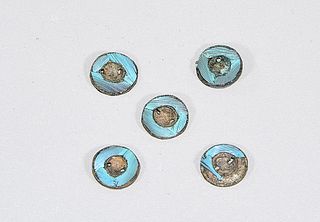 Group of Five Kingfisher Feather Decorated Brass Buttons