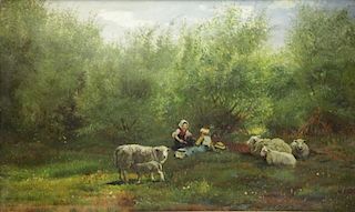 Monogrammed 19th C. Oil. Child and Sheep in