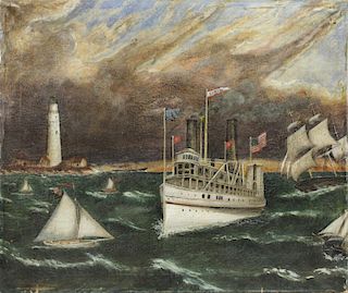 19th C. Oil on Canvas of the Fall River Steamship