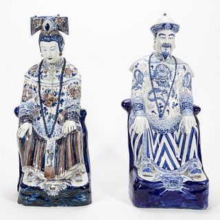 PAIR, CHINESE LG. SEATED EMPEROR & EMPRESS FIGURES