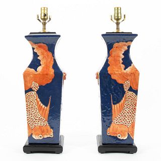 PAIR OF CHINESE PORCELAIN GOLDFISH TABLE LAMPS