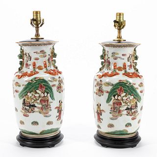 PAIR OF CHINESE VASIFORM LAMPS, WITH FIGURAL SCENE