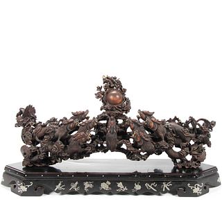 CHINESE HARDWOOD CARVING, DRAGONS CHASING A PEARL