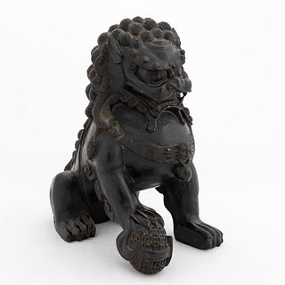CHINESE CARVED WOODEN FIGURE OF A GUARDIAN LION