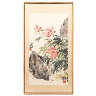 FRAMED CHINESE SCROLL WITH FLORALS IN LANDSCAPE