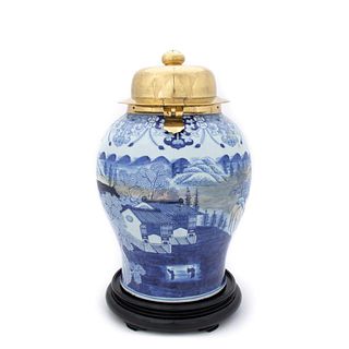 JAPANESE BLUE & WHITE PORCELAIN JAR WITH BRASS LID